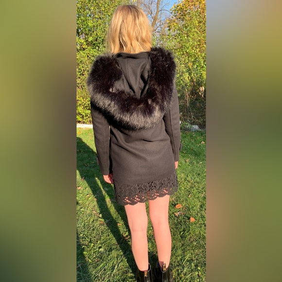 Zara black 75% wool winter jacket coat hood with black fur buckles zipper pocket - Picture 12 of 14